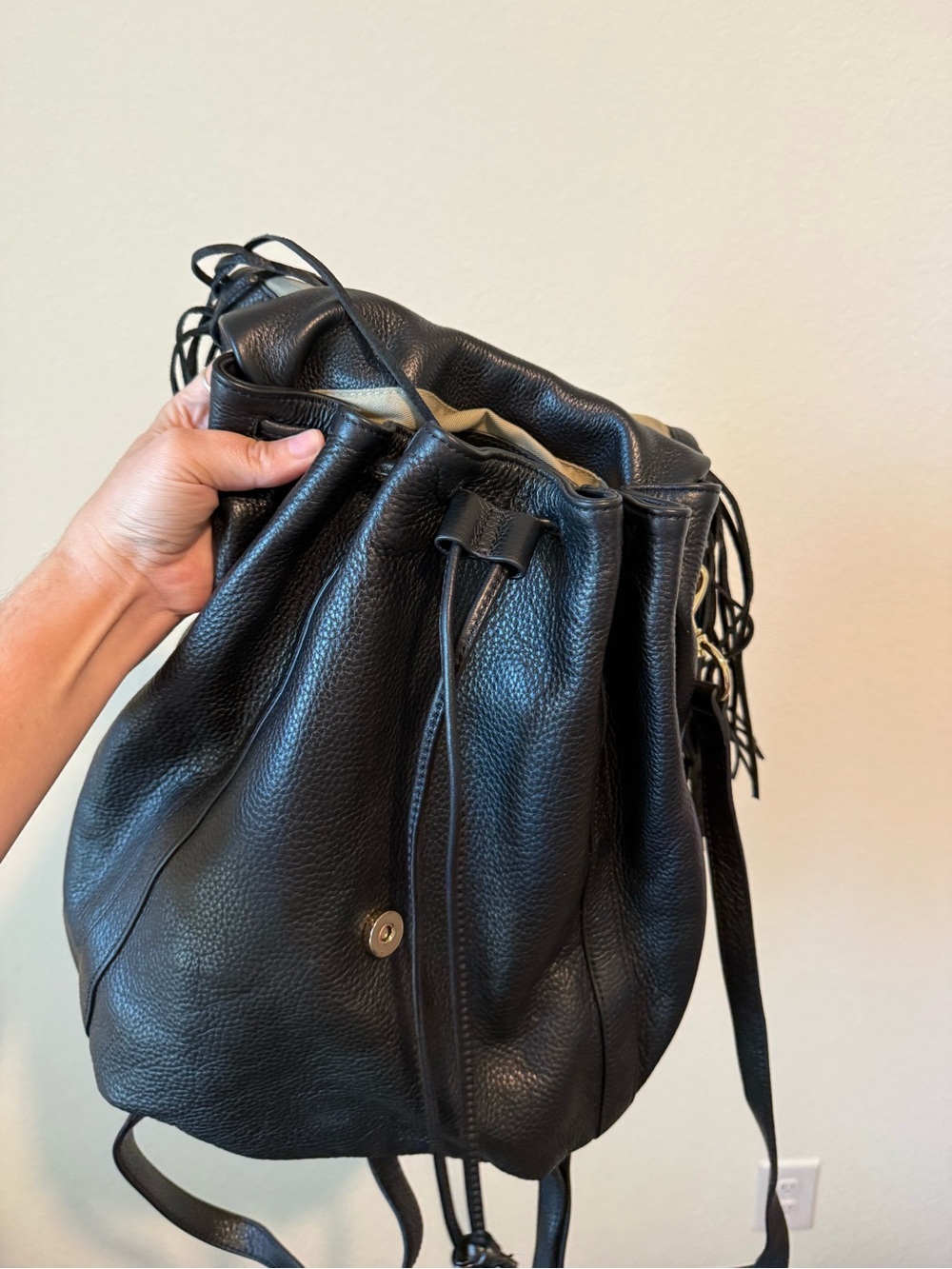G.I.L.I. Black Leather Fringe Hobo Bag Backpack with Gold Hardware Accent - Picture 6 of 7